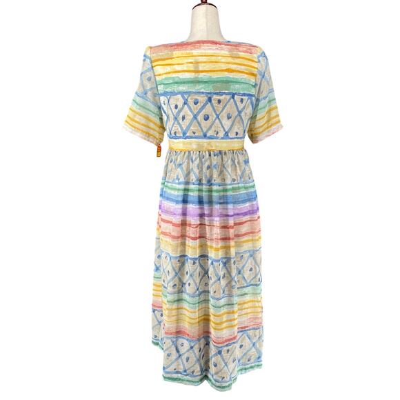 Vtg 80s 90s Two Potato Artsy A Line Midi Dress M Petite Sheer NOS Coastal Pastel - Picture 3 of 16